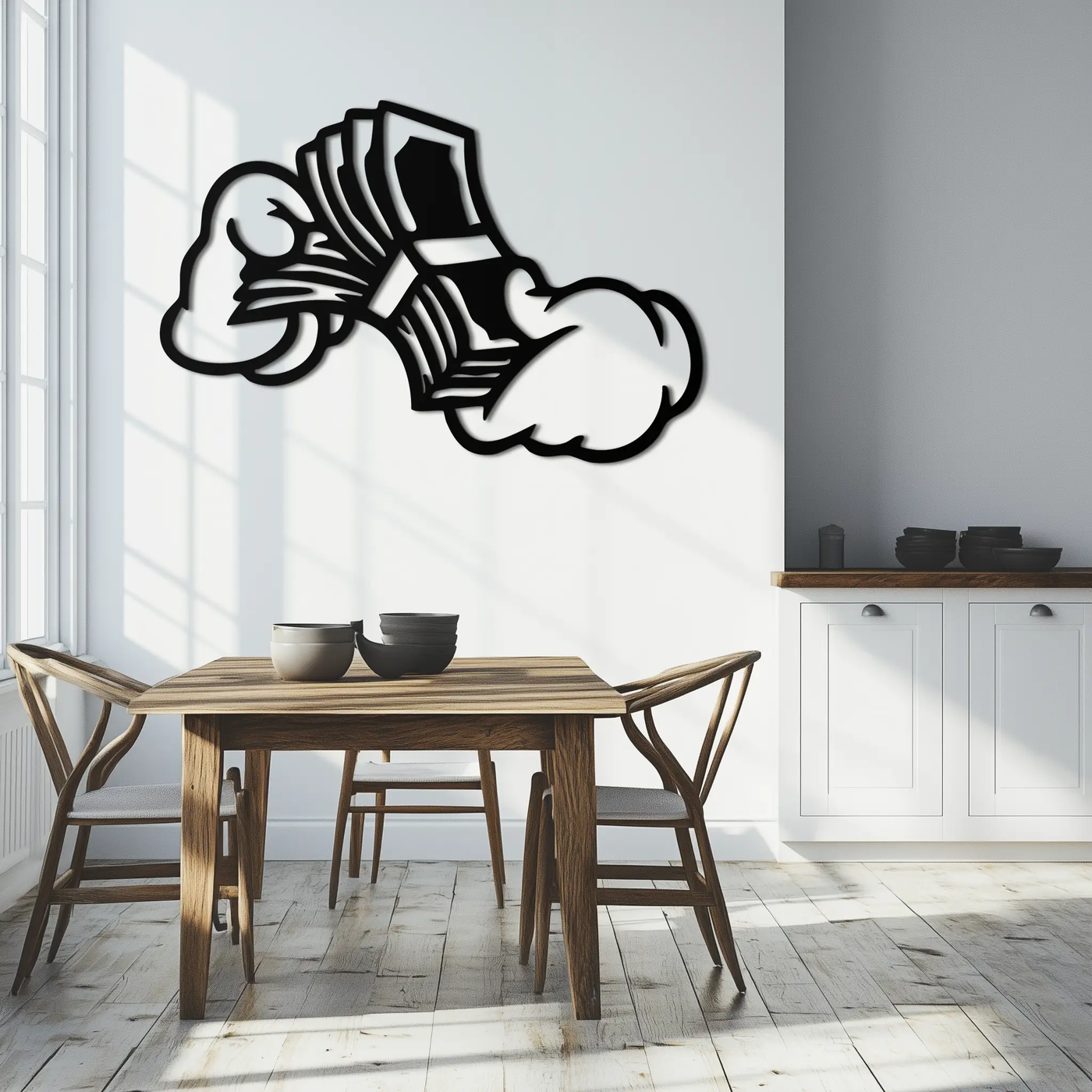 Fist Holding Money Stack Metal Wall Art – Bold Dollar Bill Hand Silhouette for Modern Spaces- KAF579 by Enova Art