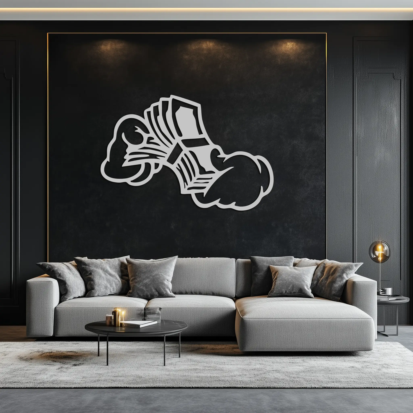 Fist Holding Money Stack Metal Wall Art – Bold Dollar Bill Hand Silhouette for Modern Spaces- KAF579 by Enova Art