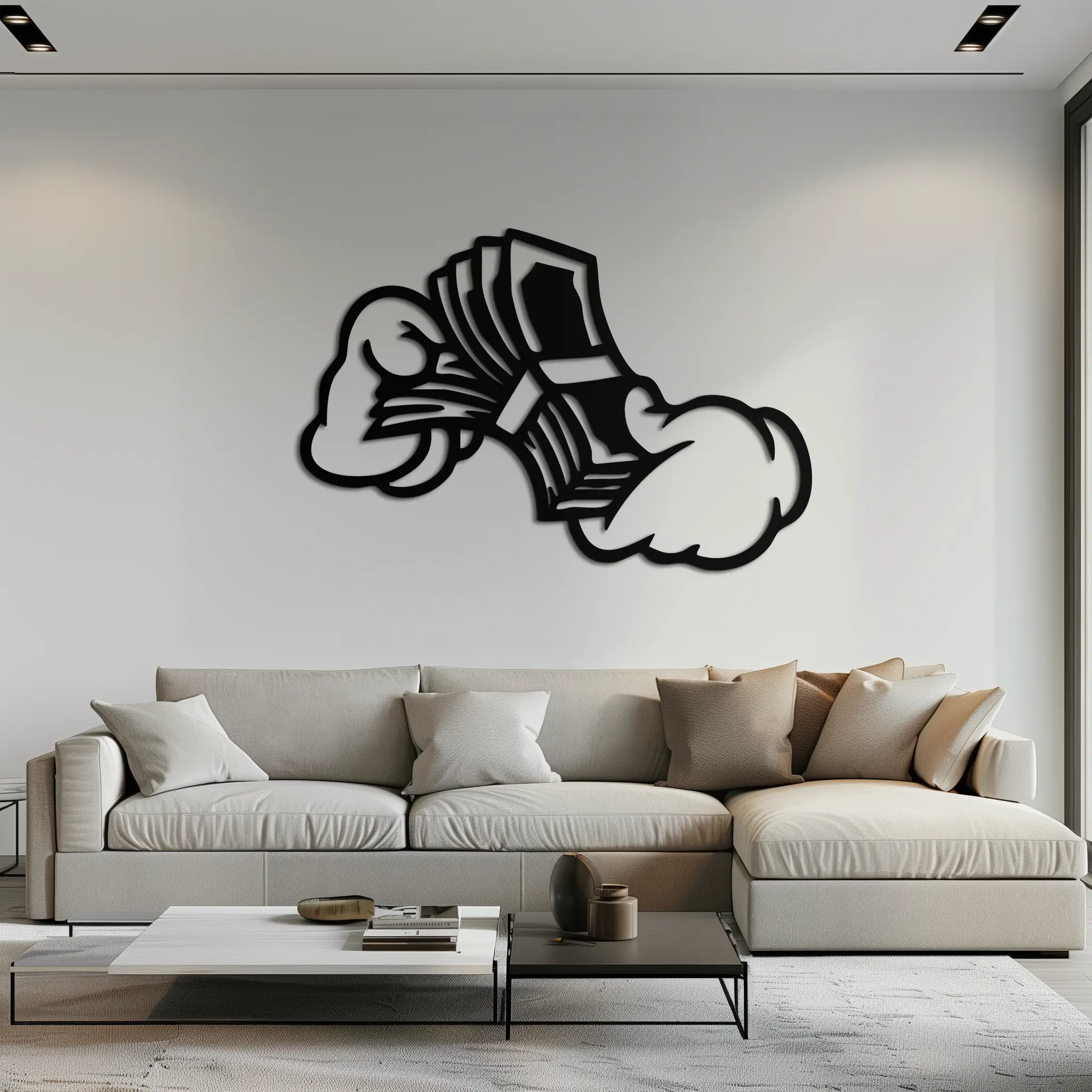 Fist Holding Money Stack Metal Wall Art – Bold Dollar Bill Hand Silhouette for Modern Spaces- KAF579 by Enova Art