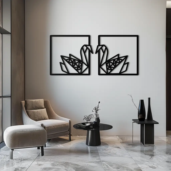Origami Swan Couple Metal Wall Art – Geometric Mirrored Swan Design for Modern Interiors- KAF581