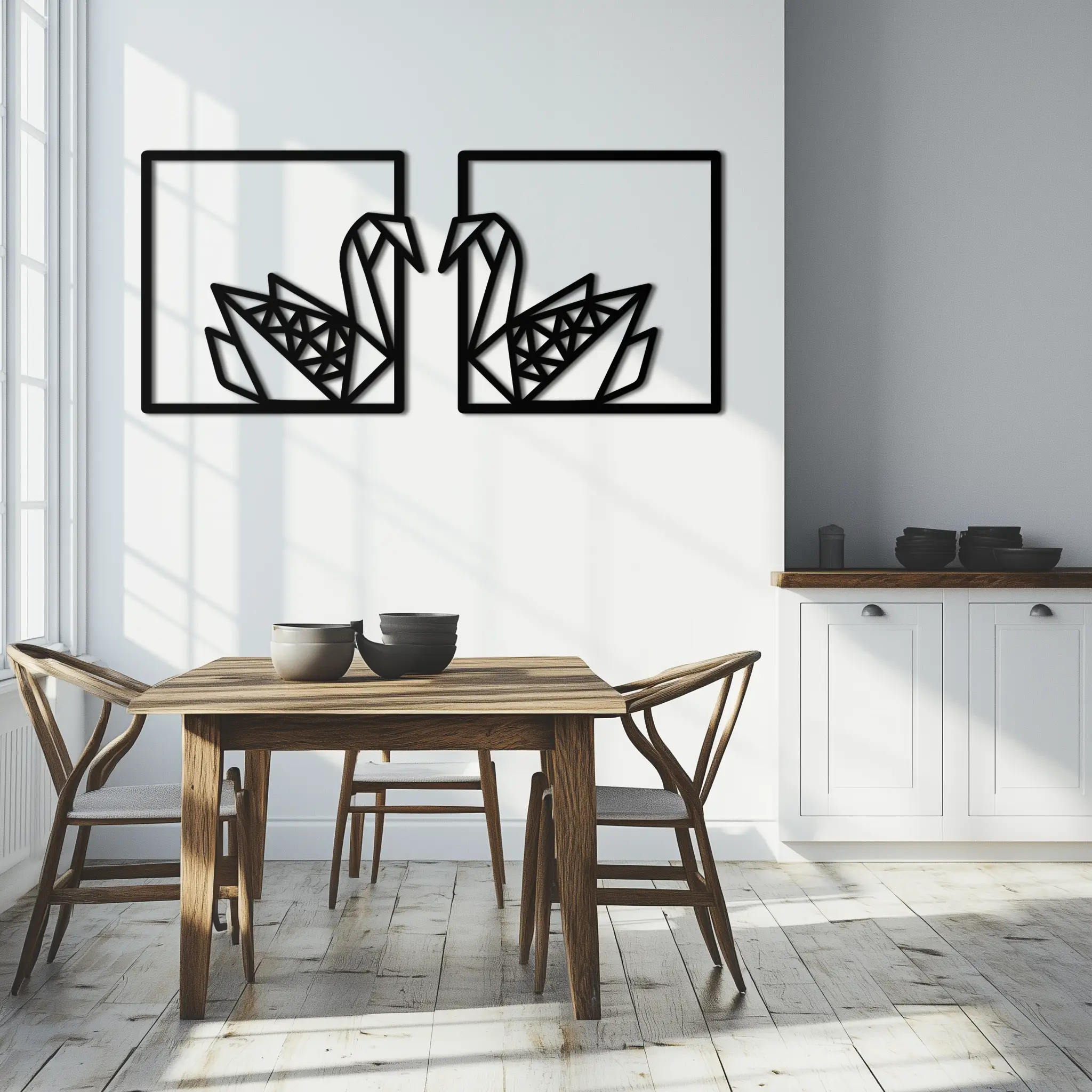 Origami Swan Couple Metal Wall Art – Geometric Mirrored Swan Design for Modern Interiors- KAF581 by Enova Art