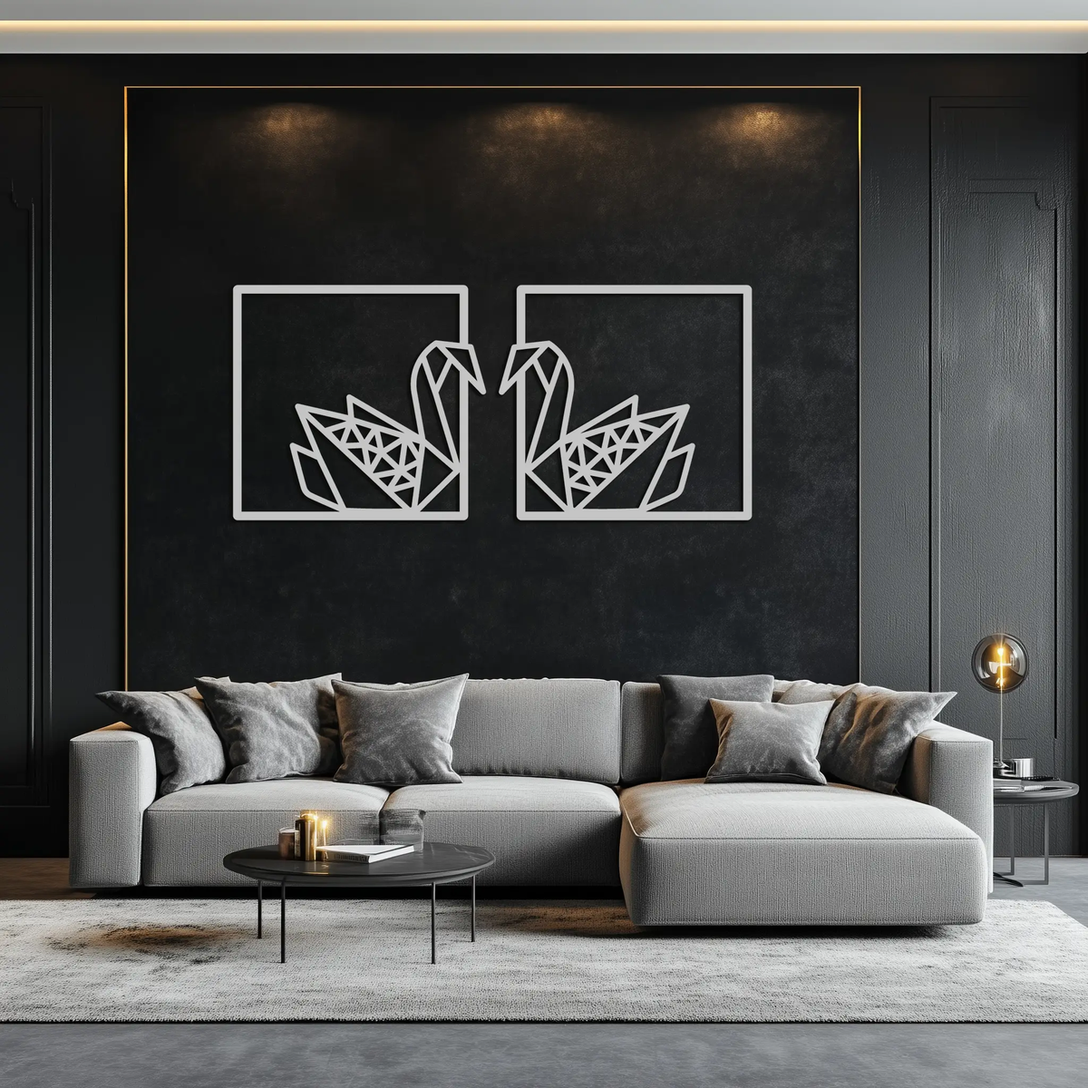 Origami Swan Couple Metal Wall Art – Geometric Mirrored Swan Design for Modern Interiors- KAF581 by Enova Art