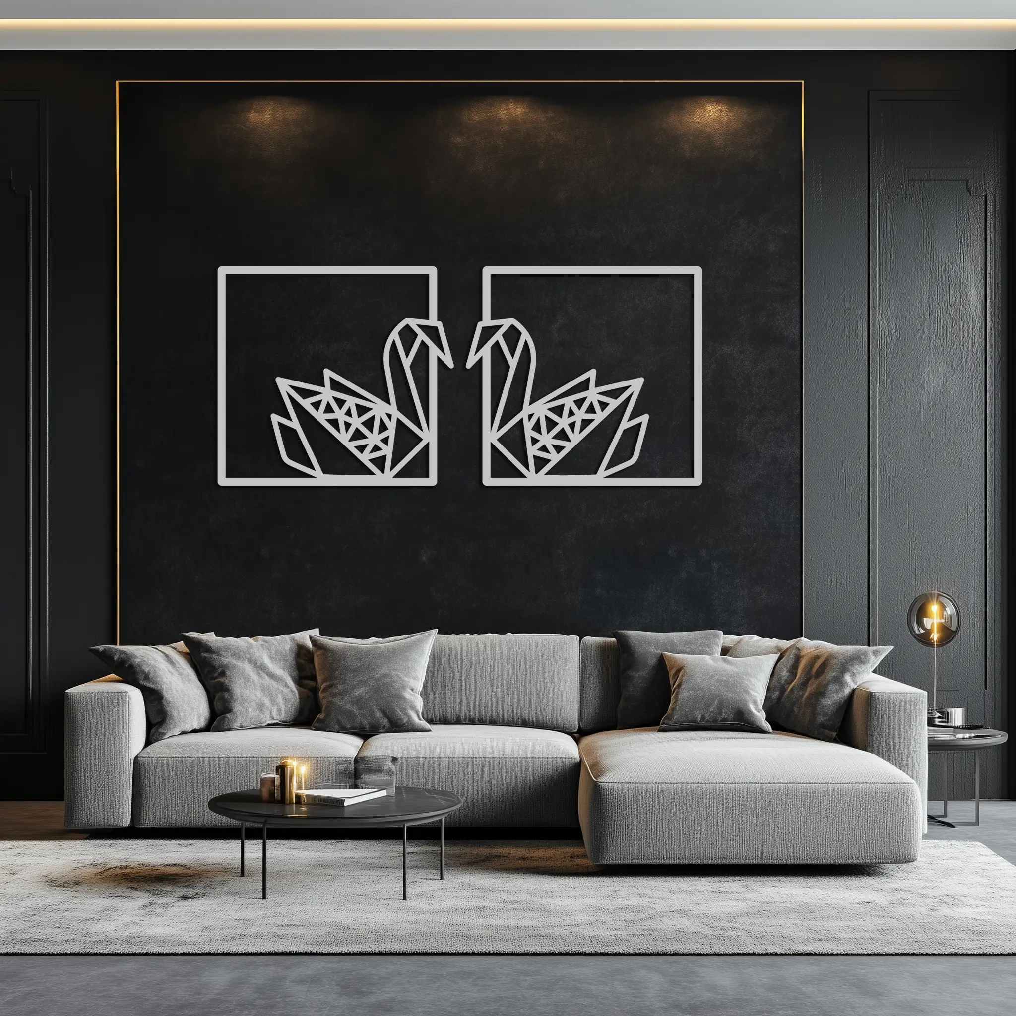 Origami Swan Couple Metal Wall Art – Geometric Mirrored Swan Design for Modern Interiors- KAF581 by Enova Art