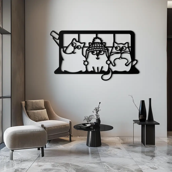 Cozy Window Cats Metal Wall Art – Cute Cartoon Trio Design for Pet Lovers- KAF582