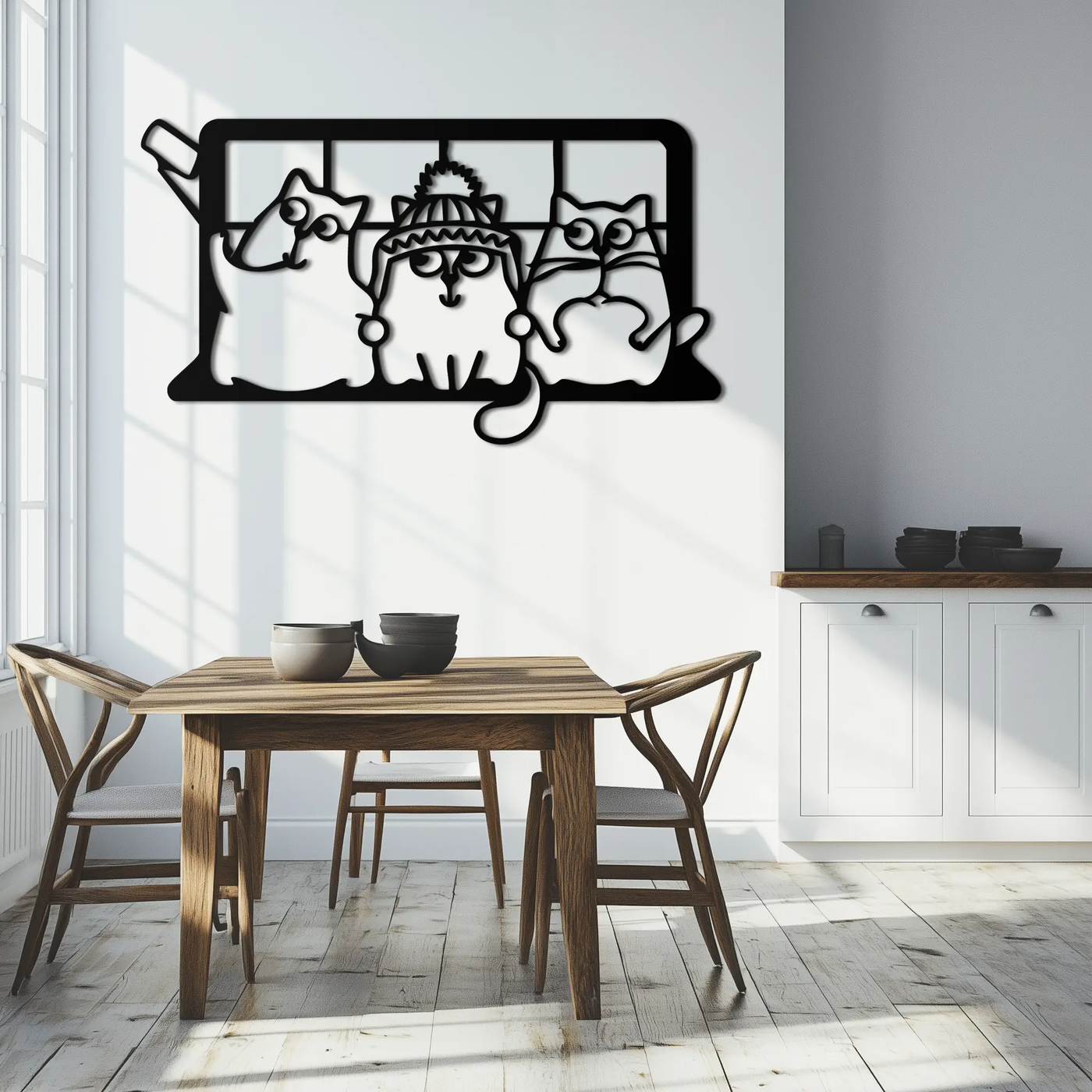 Cozy Window Cats Metal Wall Art – Cute Cartoon Trio Design for Pet Lovers- KAF582 by Enova Art
