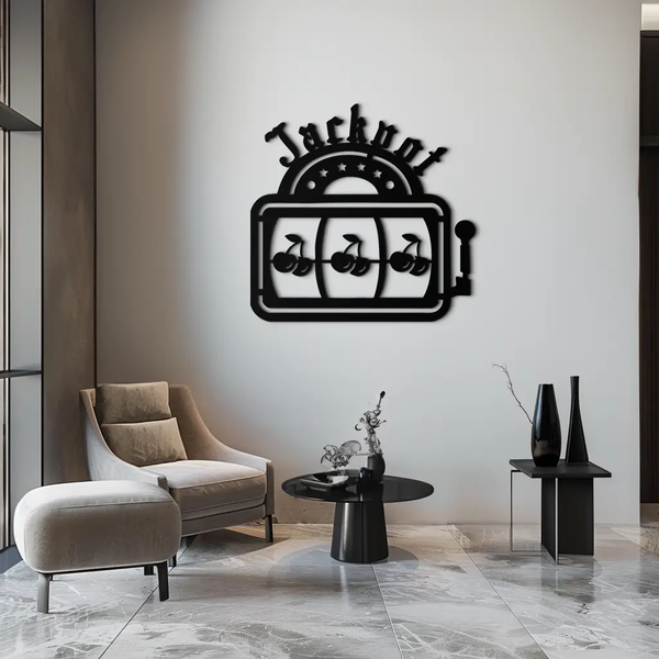 Jackpot Slot Machine Metal Wall Art – Vintage Casino Cherry Decor for Game Rooms- KAF584