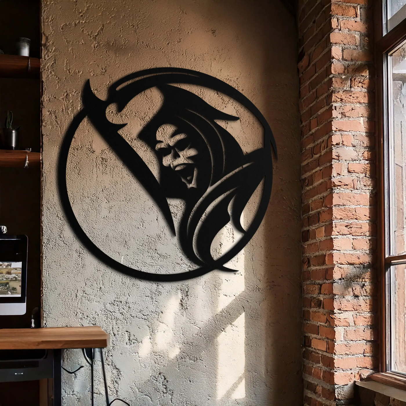 Grim Reaper Circle Metal Wall Art – Dark Gothic Scythe Decor for Horror Enthusiasts- KAF586 by Enova Art