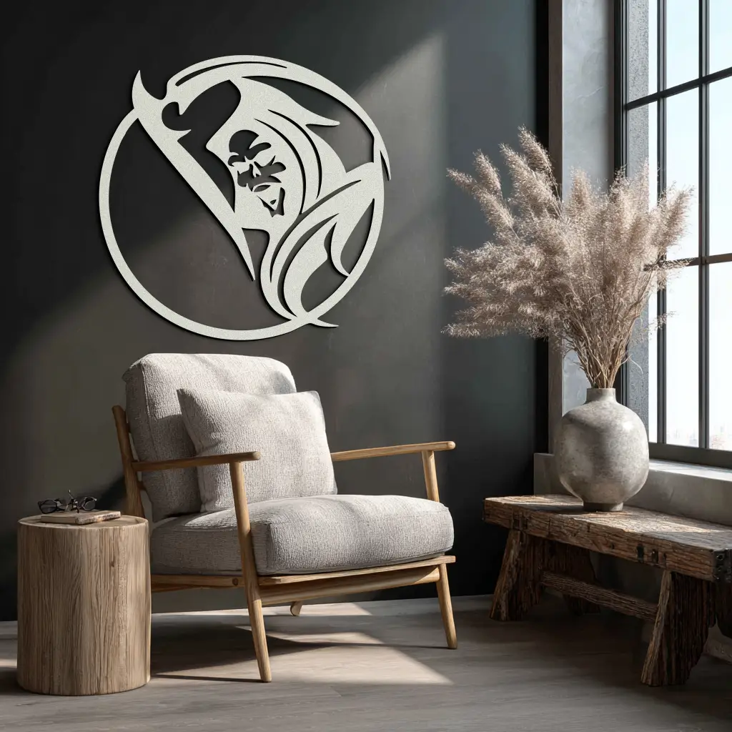 Grim Reaper Circle Metal Wall Art – Dark Gothic Scythe Decor for Horror Enthusiasts- KAF586 by Enova Art