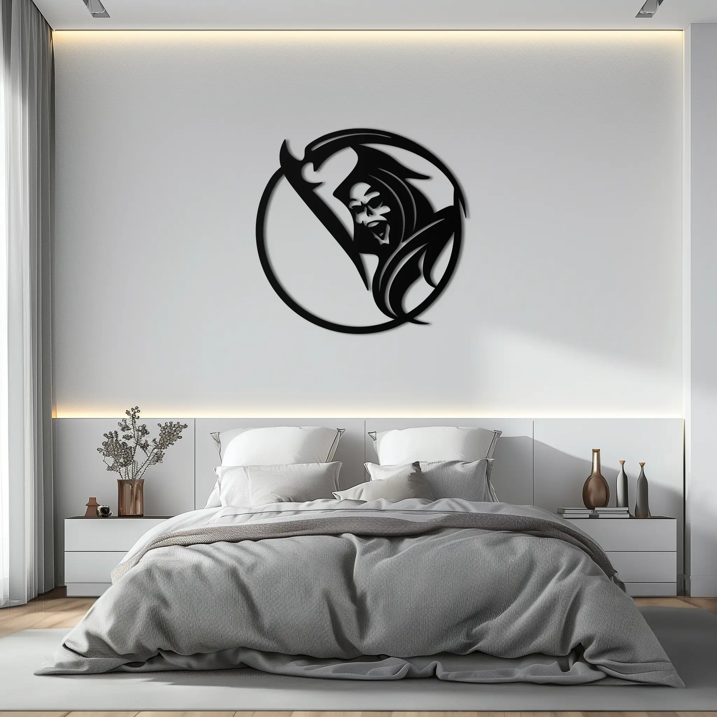 Grim Reaper Circle Metal Wall Art – Dark Gothic Scythe Decor for Horror Enthusiasts- KAF586 by Enova Art
