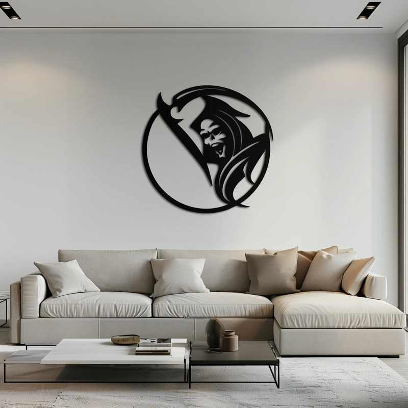 Grim Reaper Circle Metal Wall Art – Dark Gothic Scythe Decor for Horror Enthusiasts- KAF586 by Enova Art
