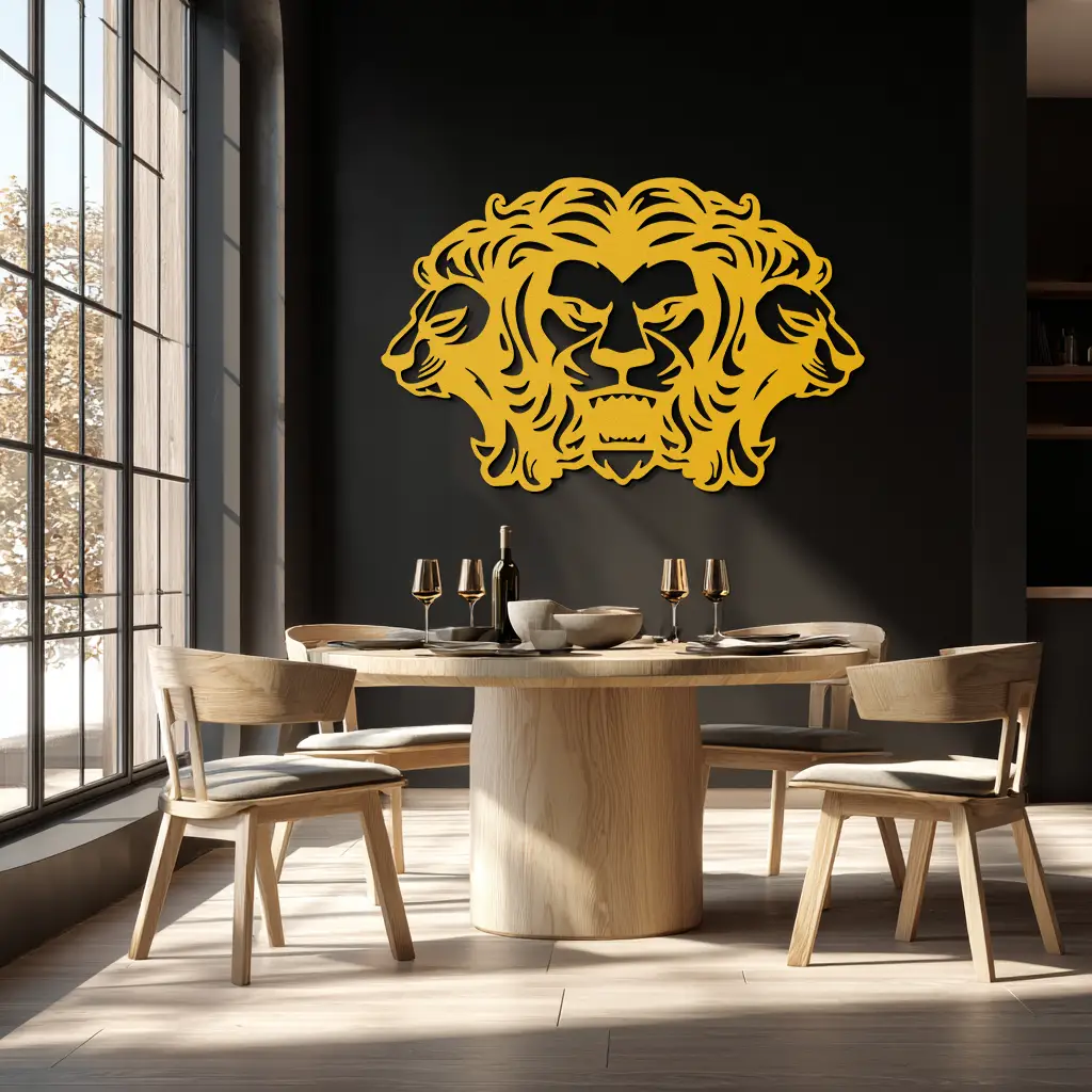 Three-Headed Lion Metal Wall Art – Fierce Tribal Lion Head Wall Decor- KAF589 by Enova Art