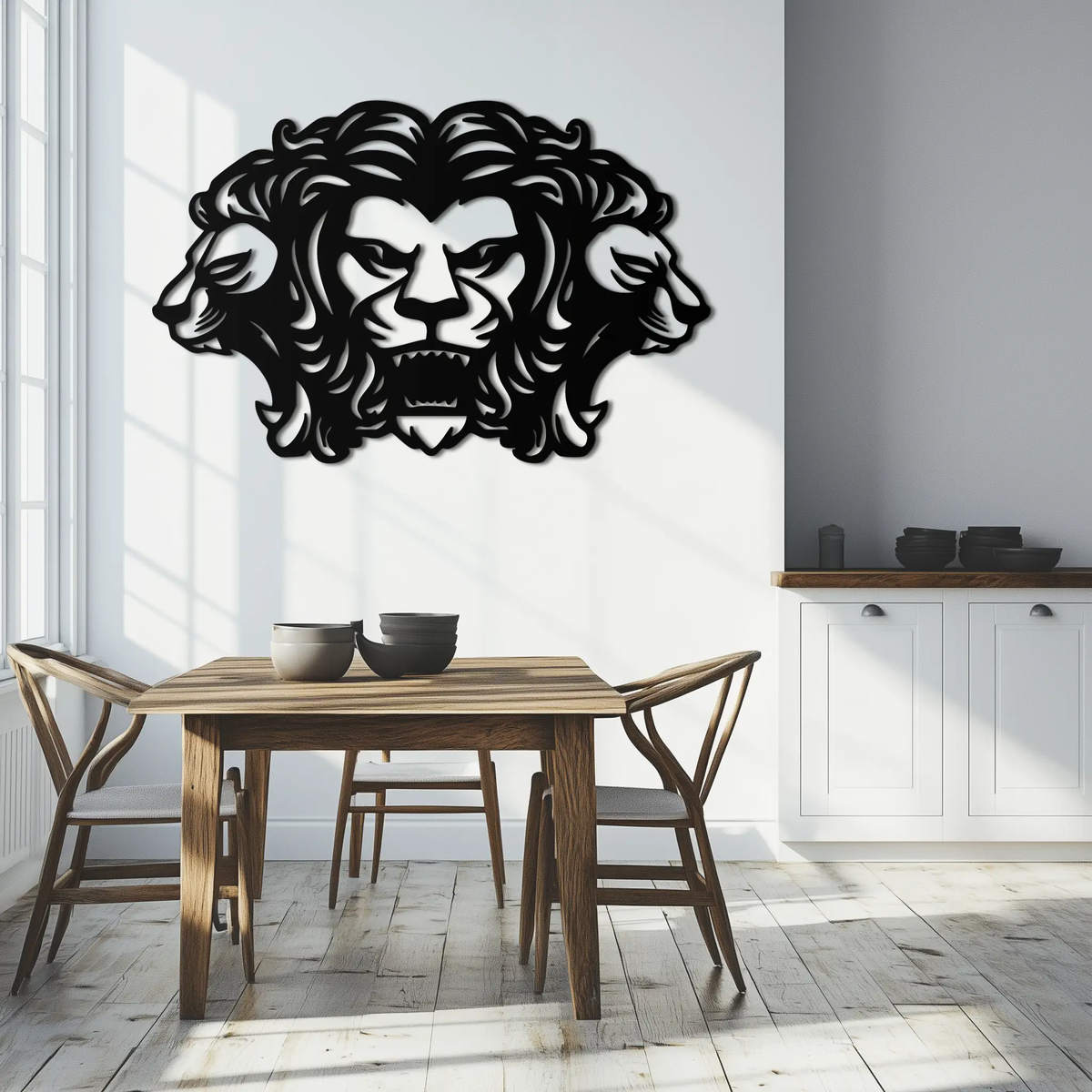 Three-Headed Lion Metal Wall Art – Fierce Tribal Lion Head Wall Decor- KAF589 by Enova Art