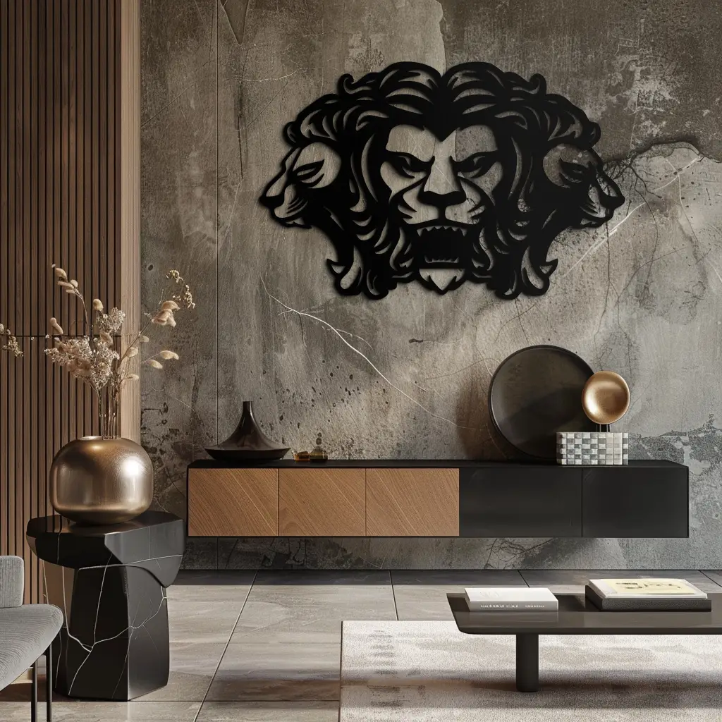 Three-Headed Lion Metal Wall Art – Fierce Tribal Lion Head Wall Decor- KAF589 by Enova Art