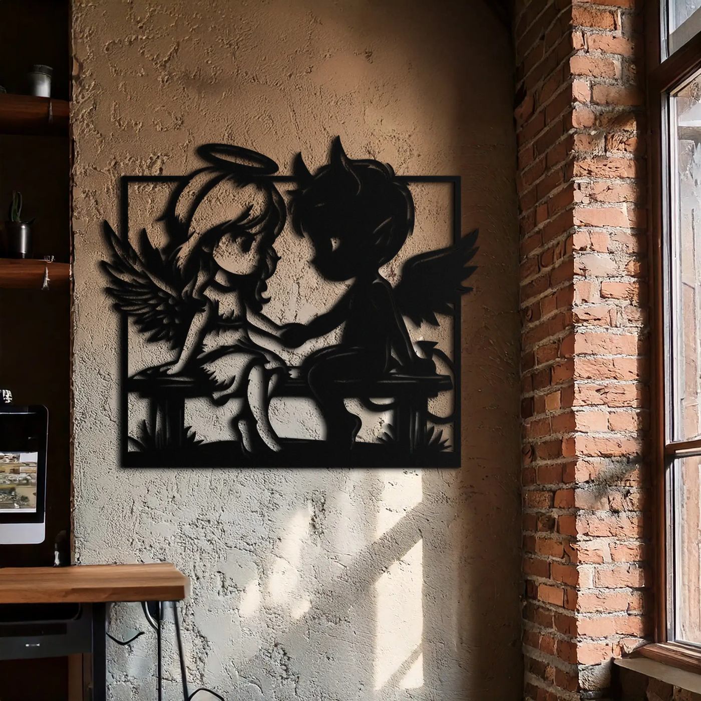 Angel and Devil Holding Hands Metal Wall Art – Whimsical Love Contrast Silhouette- KAF591 by Enova Art