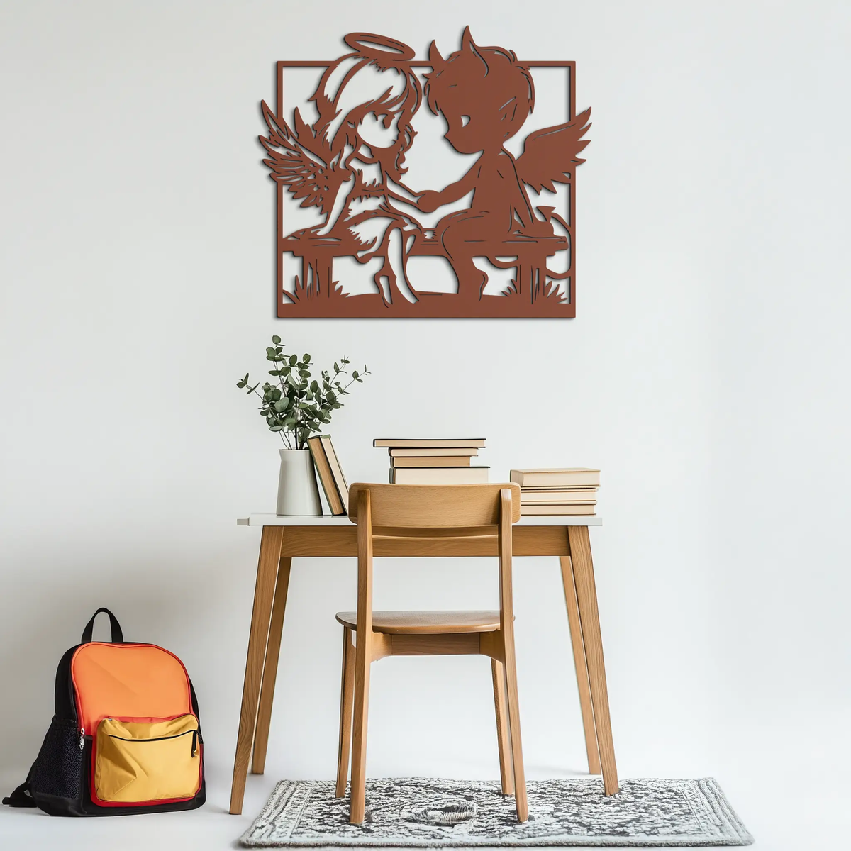 Angel and Devil Holding Hands Metal Wall Art – Whimsical Love Contrast Silhouette- KAF591 by Enova Art