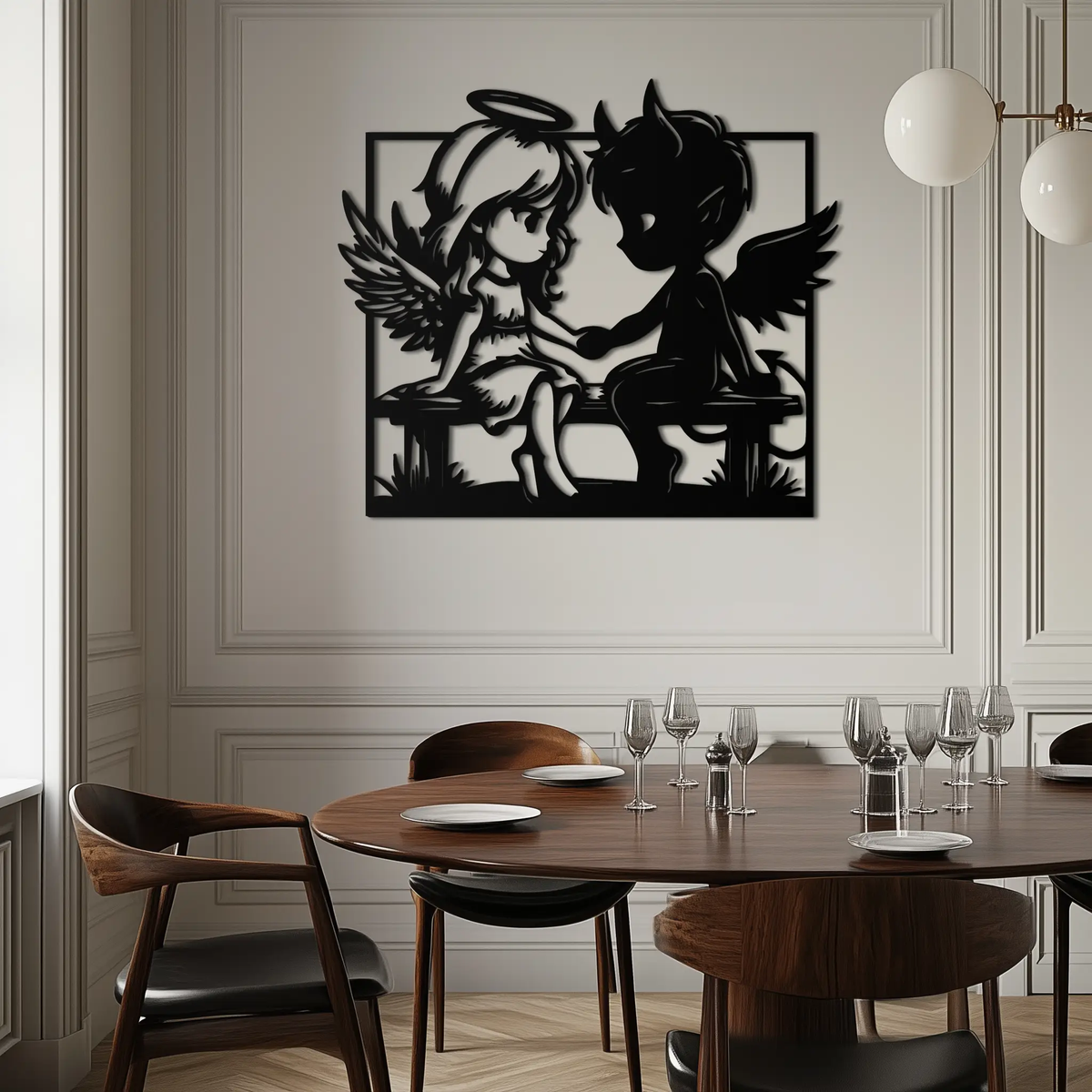 Angel and Devil Holding Hands Metal Wall Art – Whimsical Love Contrast Silhouette- KAF591 by Enova Art