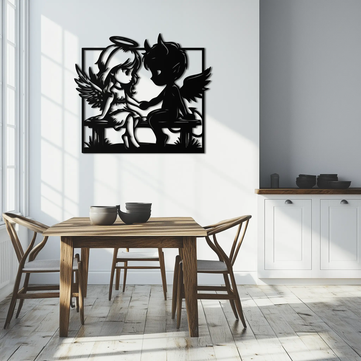Angel and Devil Holding Hands Metal Wall Art – Whimsical Love Contrast Silhouette- KAF591 by Enova Art