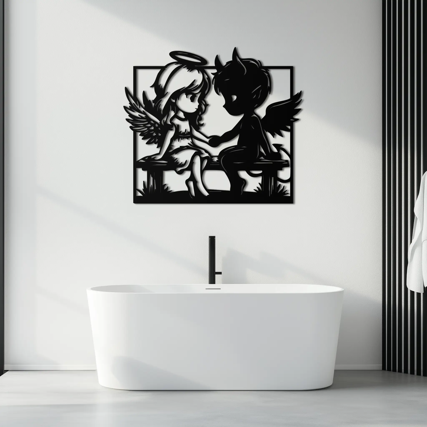Angel and Devil Holding Hands Metal Wall Art – Whimsical Love Contrast Silhouette- KAF591 by Enova Art
