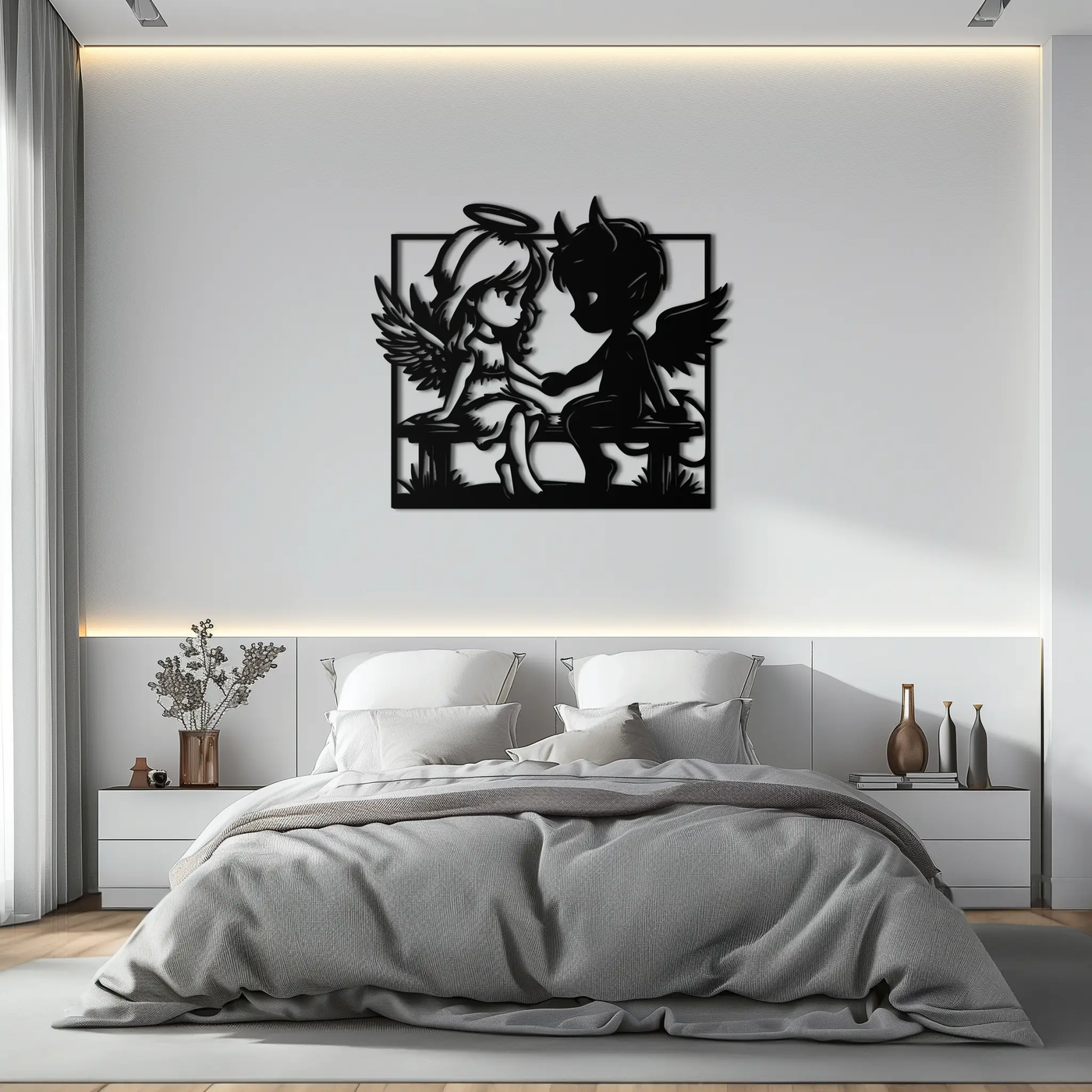 Angel and Devil Holding Hands Metal Wall Art – Whimsical Love Contrast Silhouette- KAF591 by Enova Art