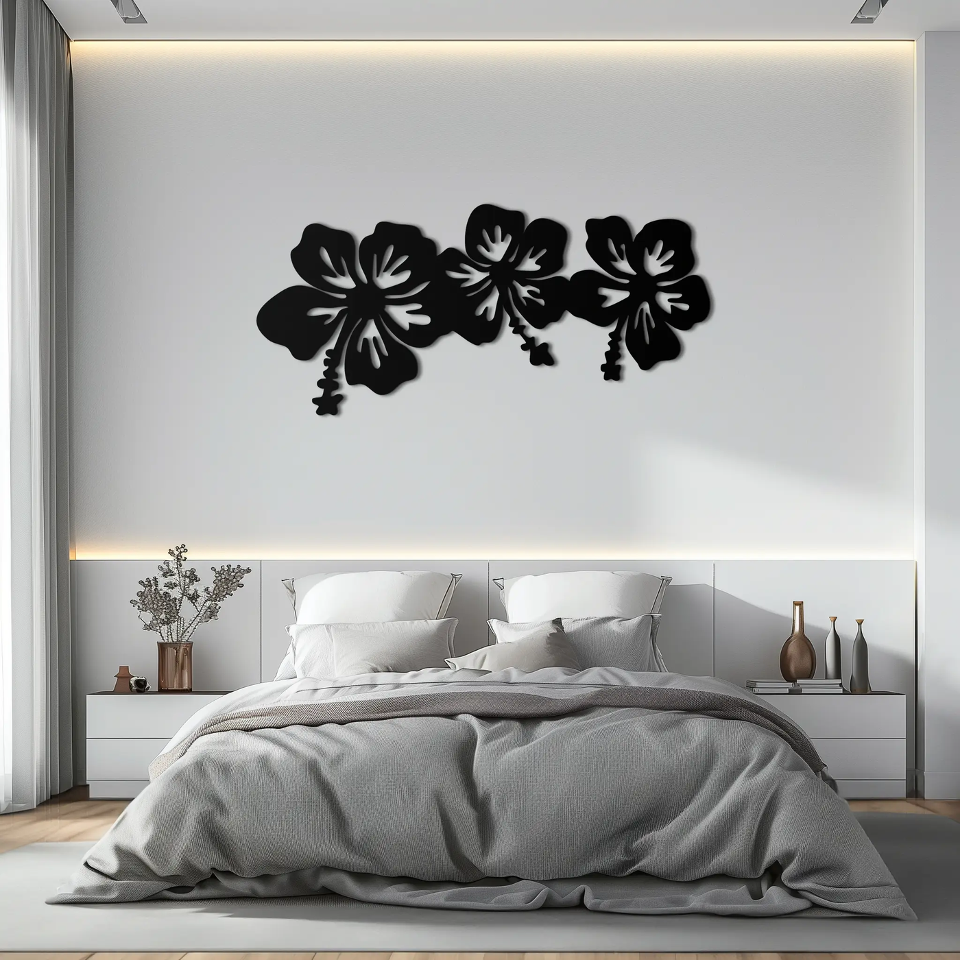 Hibiscus Flower Trio Metal Wall Art – Tropical Floral Silhouette for Home Decor- KAF594 by Enova Art