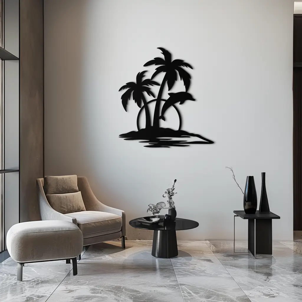 Tropical Dolphin and Palm Tree Metal Wall Art – Sunset Island Scene Coastal Decor- KAF598 by Enova Art
