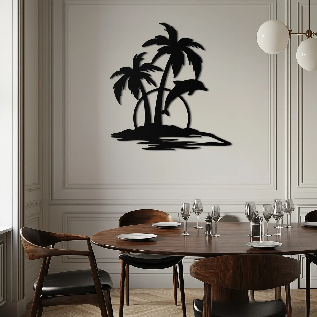 Tropical Dolphin and Palm Tree Metal Wall Art – Sunset Island Scene Coastal Decor- KAF598 by Enova Art
