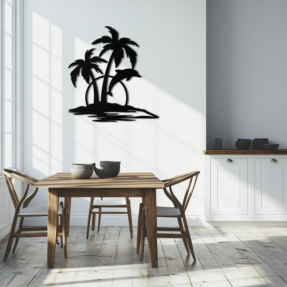 Tropical Dolphin and Palm Tree Metal Wall Art – Sunset Island Scene Coastal Decor- KAF598 by Enova Art