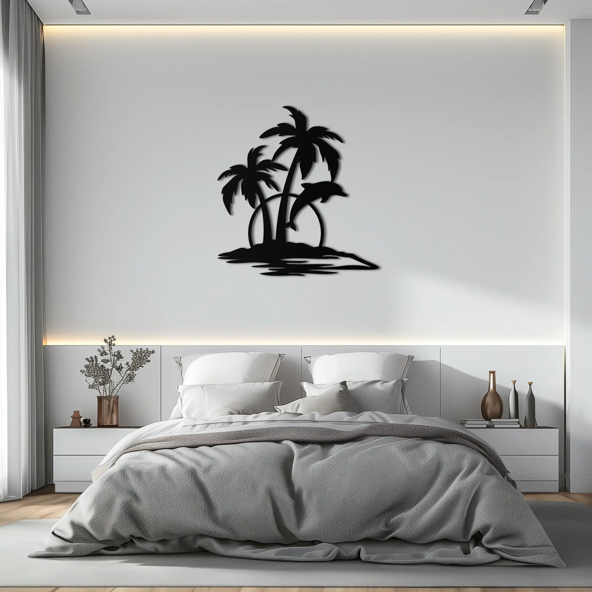 Tropical Dolphin and Palm Tree Metal Wall Art – Sunset Island Scene Coastal Decor- KAF598 by Enova Art