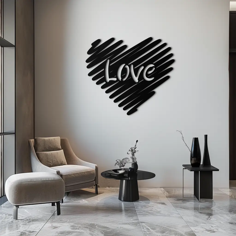 Love Heart Scribble Metal Wall Art – Romantic Handwritten Typography Home Decor- KAF599 by Enova Art