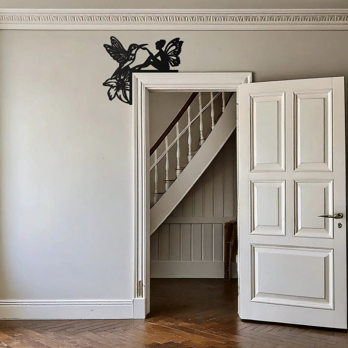 Fairy and Hummingbird Corner Metal Wall Art – Whimsical Door Frame Decoration for Home- KAF604 by Enova Art