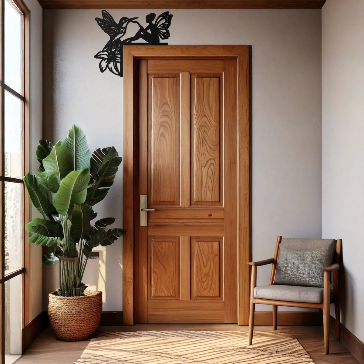 Fairy and Hummingbird Corner Metal Wall Art – Whimsical Door Frame Decoration for Home- KAF604 by Enova Art