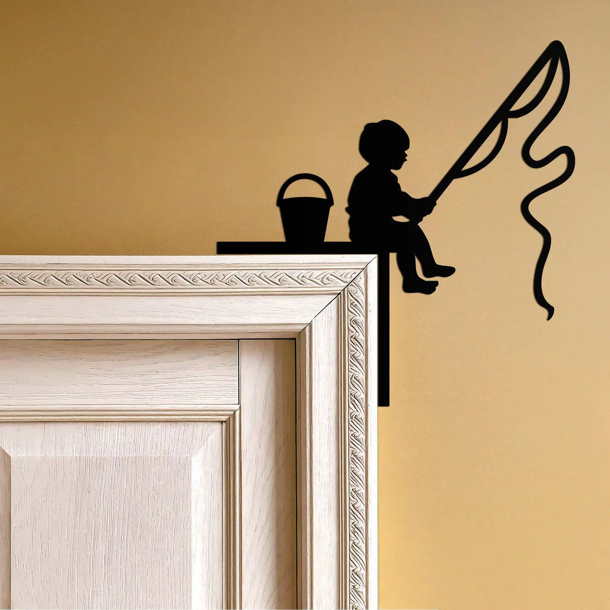 Child Fishing Corner Metal Wall Art – Playful Kids Silhouette Door Corner Decor-KAF610 by Enova Art