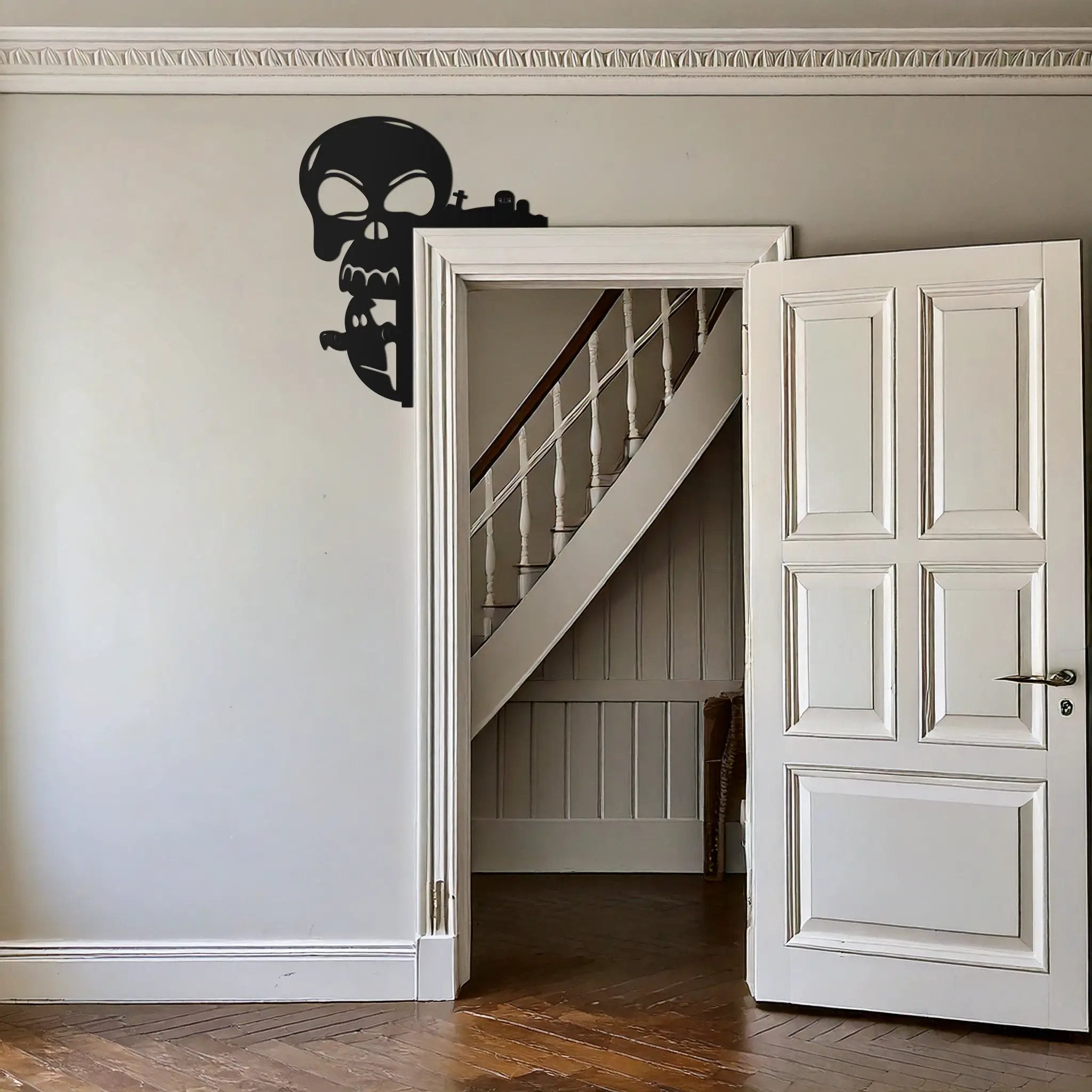 Skull and Bat Corner Metal Wall Art – Spooky Halloween Door Decor-KAF612 by Enova Art