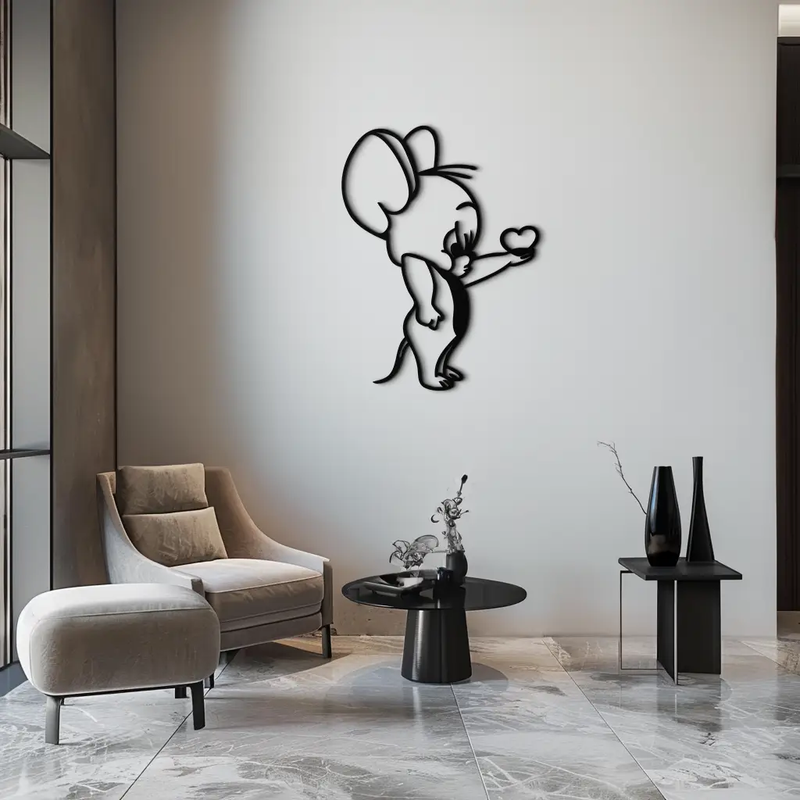 Jerry Holding Heart Metal Wall Art – Cute Cartoon Mouse Silhouette Decor-KAF615 by Enova Art