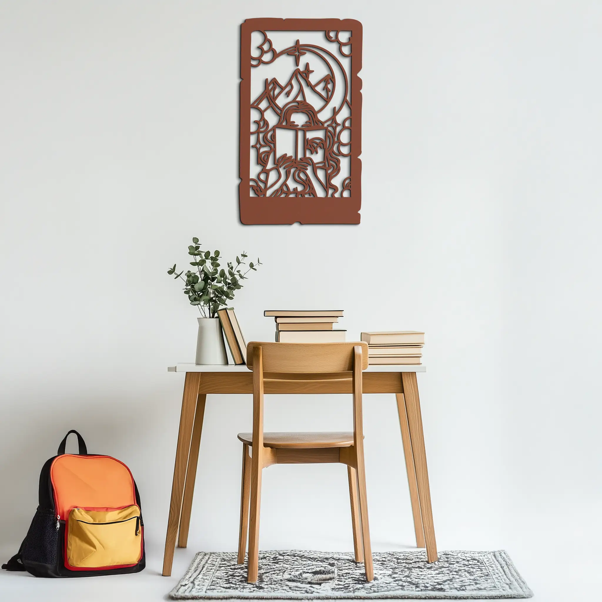 Reading Lady Metal Wall Art – Book Lover Silhouette with Moon and Mountains-KAF616 by Enova Art
