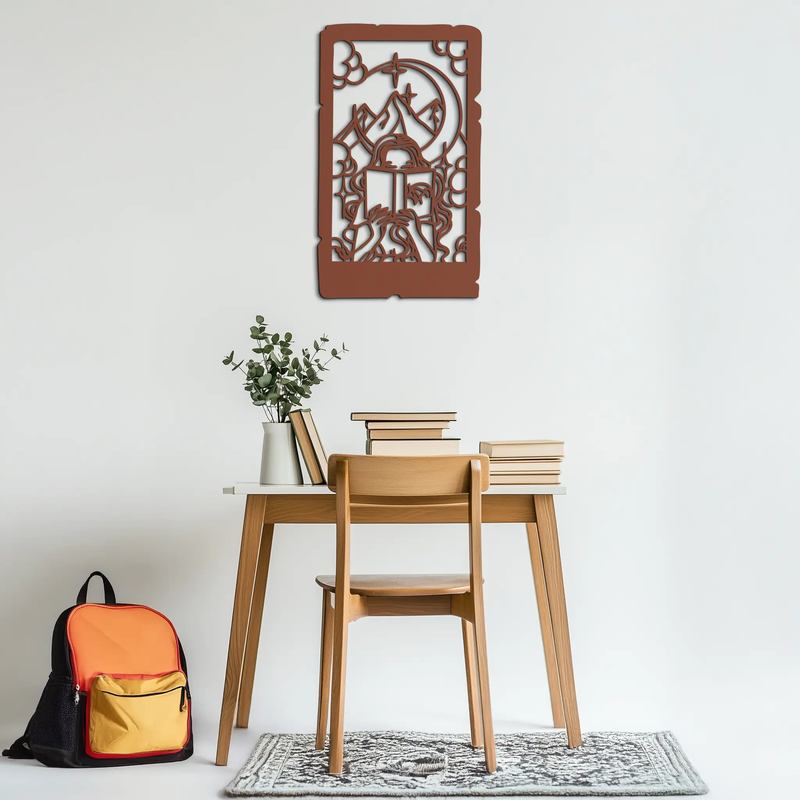 Reading Lady Metal Wall Art – Book Lover Silhouette with Moon and Mountains-KAF616 by Enova Art