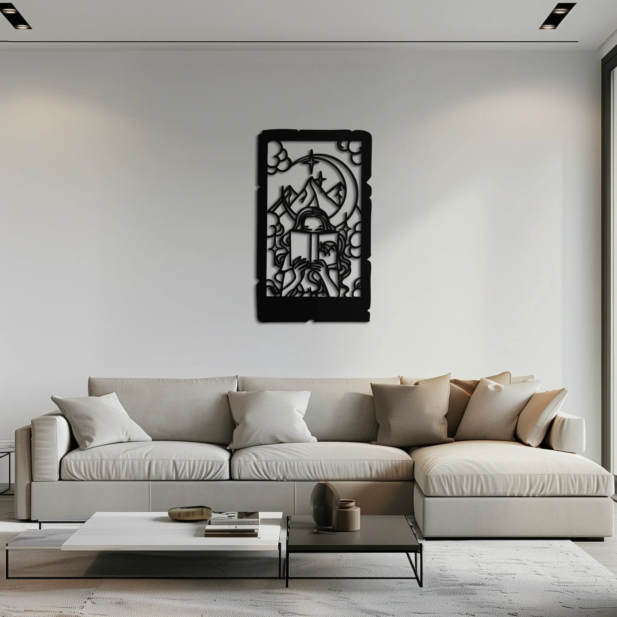 Reading Lady Metal Wall Art – Book Lover Silhouette with Moon and Mountains-KAF616 by Enova Art