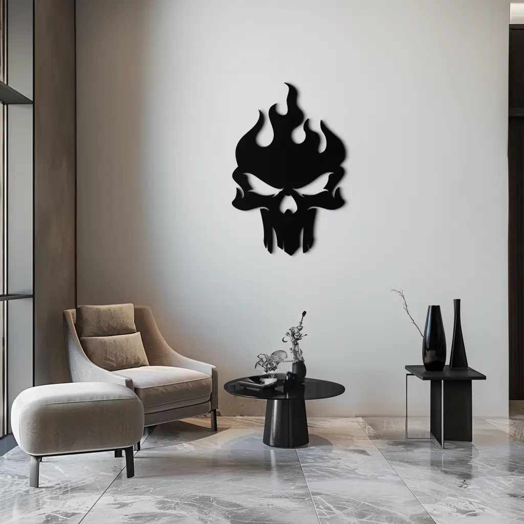 Flaming Skull Metal Wall Art – Bold Gothic Flame Skull Design- KAF623 by Enova Art