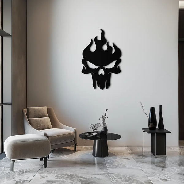 Flaming Skull Metal Wall Art – Bold Gothic Flame Skull Design- KAF623