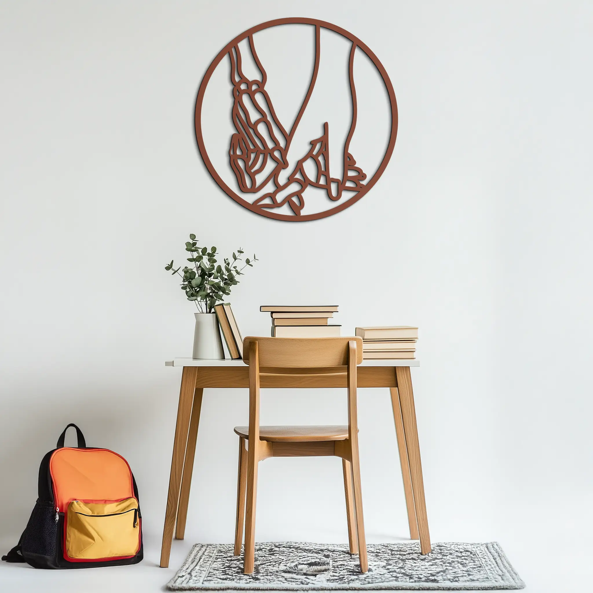 Skeleton and Human Hand Holding – Round Metal Wall Art- KAF628 by Enova Art