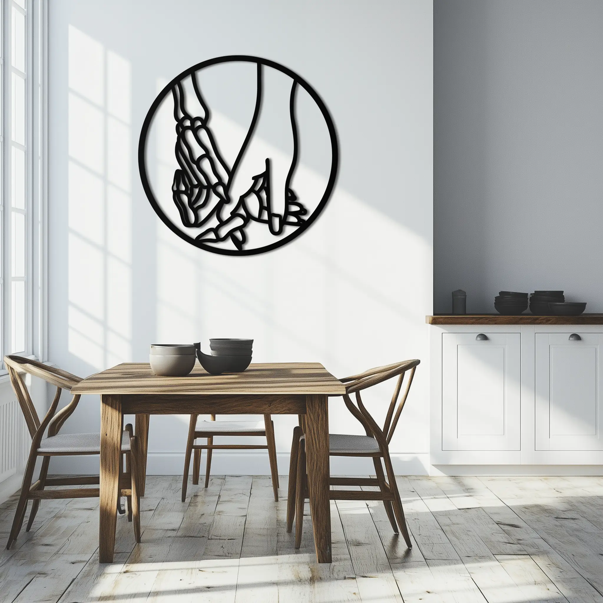 Skeleton and Human Hand Holding – Round Metal Wall Art- KAF628 by Enova Art