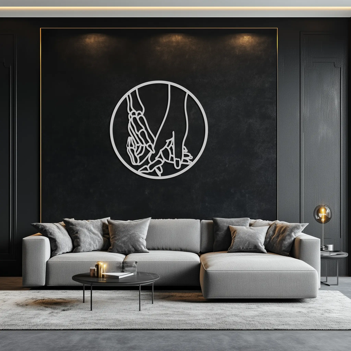 Skeleton and Human Hand Holding – Round Metal Wall Art- KAF628 by Enova Art