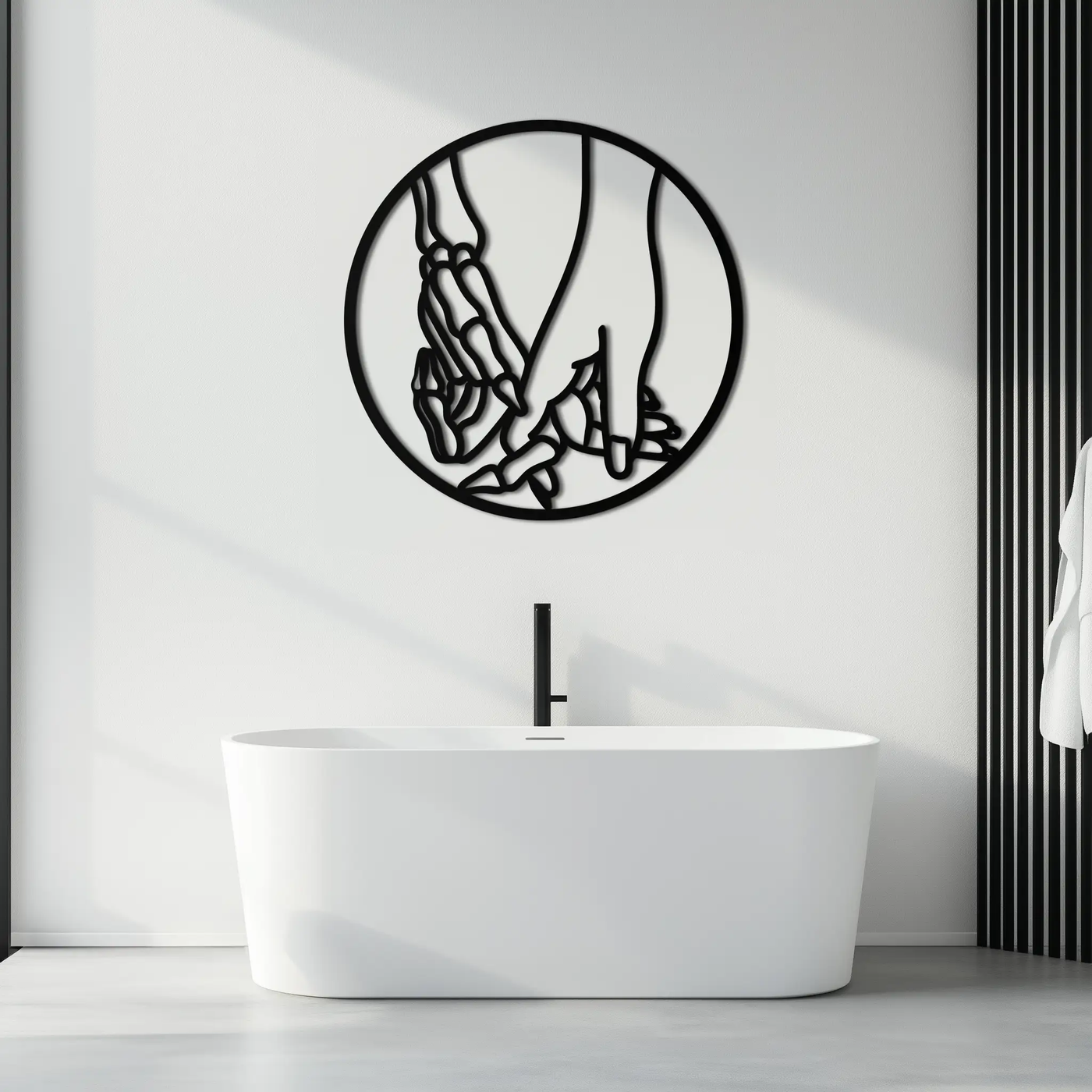 Skeleton and Human Hand Holding – Round Metal Wall Art- KAF628 by Enova Art