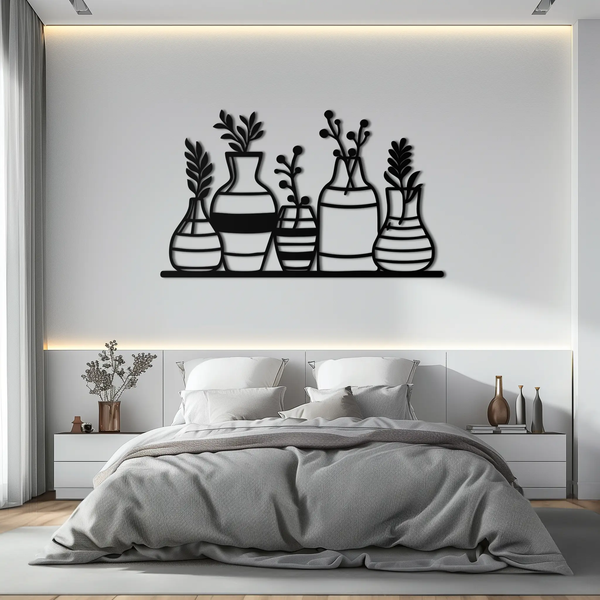 Modern Minimalist Vase Silhouette Metal Wall Art – Geometric Botanical Decor for Living Spaces- KAF631