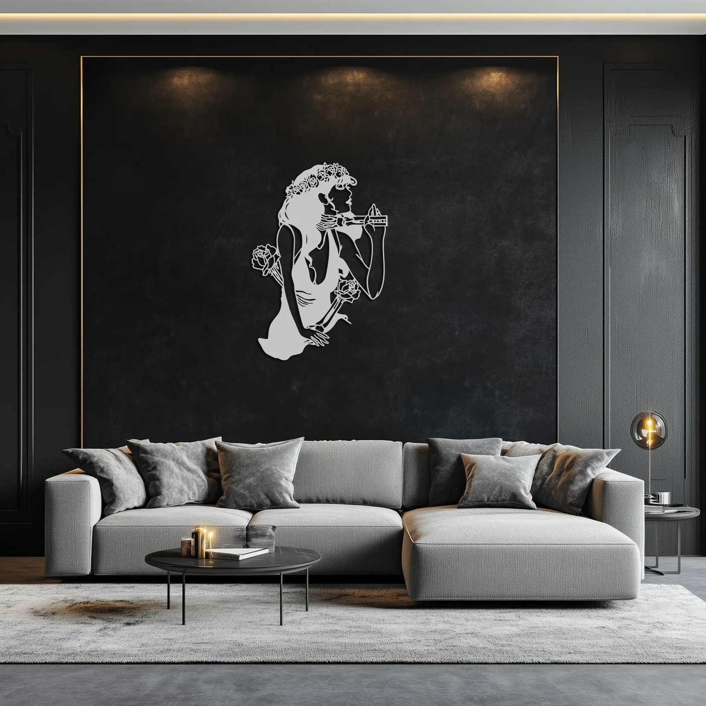 Skeleton Embrace Rose Lady Metal Wall Art – Romantic Gothic Silhouette Decor- KAF632 by Enova Art