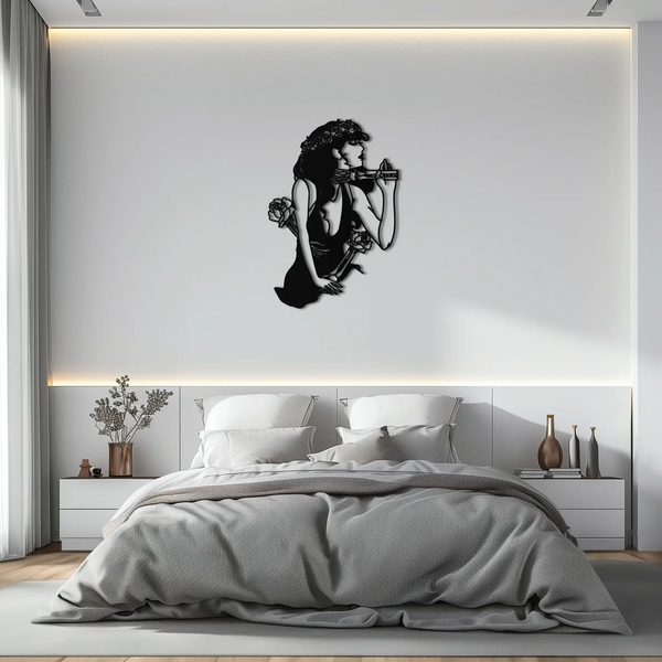 Skeleton Embrace Rose Lady Metal Wall Art – Romantic Gothic Silhouette Decor- KAF632