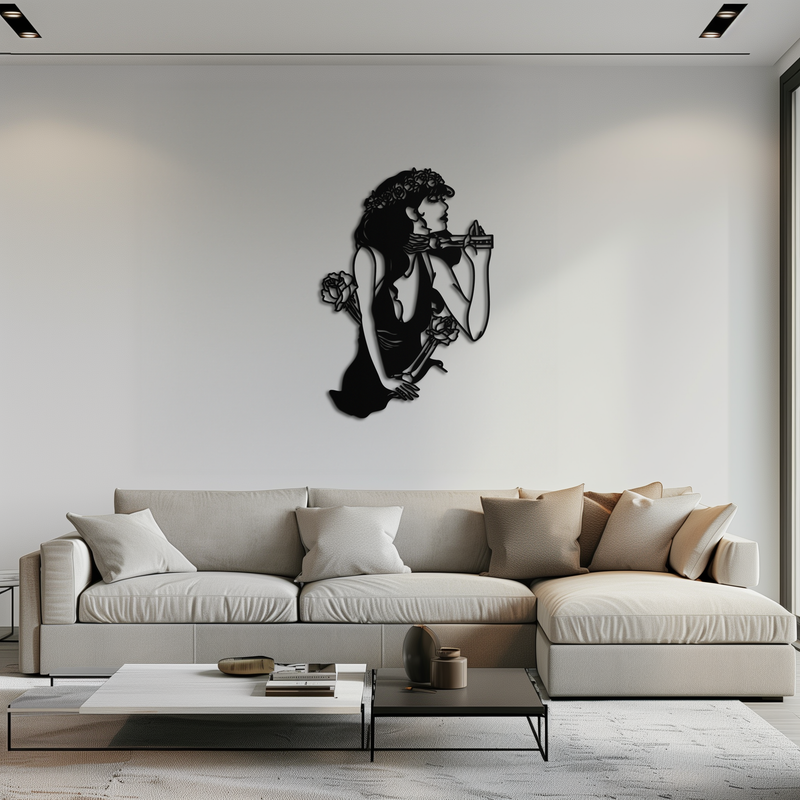 Skeleton Embrace Rose Lady Metal Wall Art – Romantic Gothic Silhouette Decor- KAF632 by Enova Art