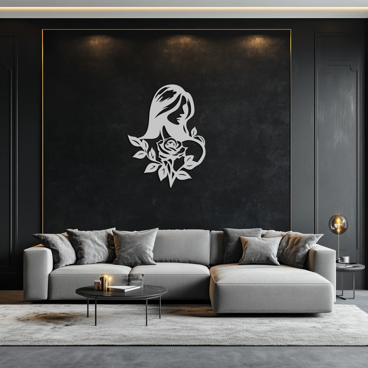 Woman and Rose Silhouette Metal Wall Art – Floral Line Art Metal Decor- KAF633 by Enova Art