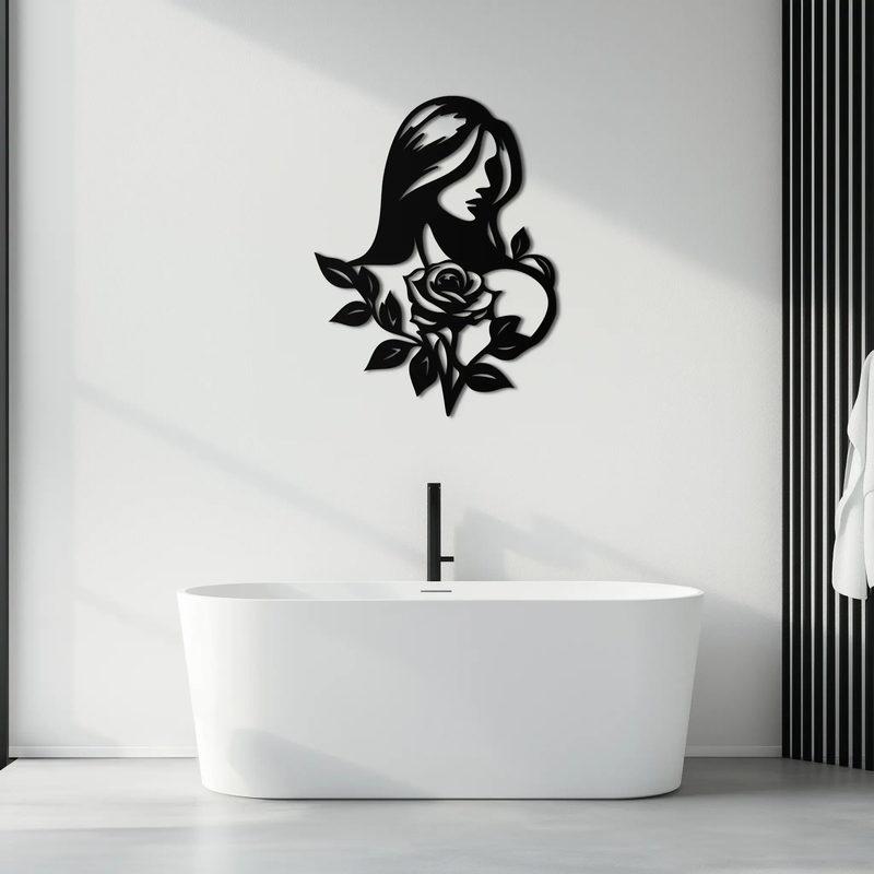 Woman and Rose Silhouette Metal Wall Art – Floral Line Art Metal Decor- KAF633 by Enova Art