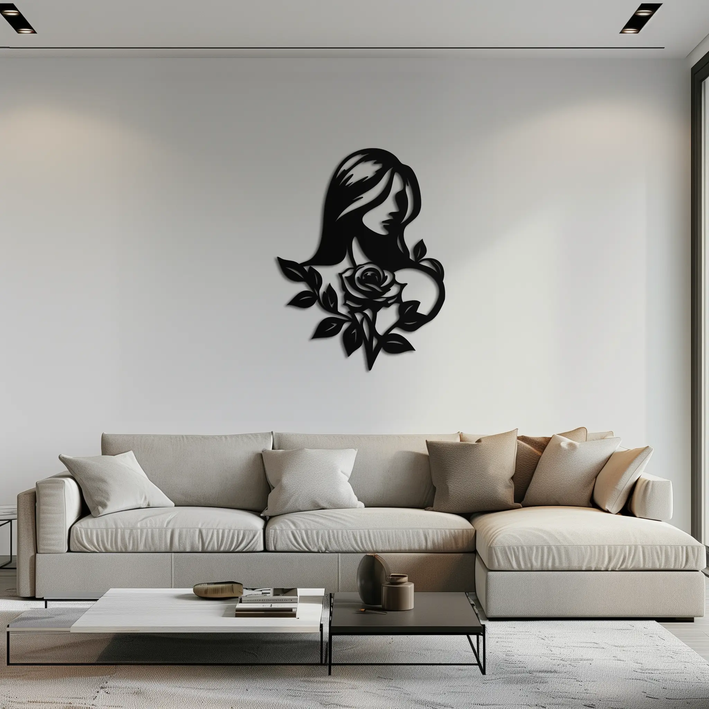 Woman and Rose Silhouette Metal Wall Art – Floral Line Art Metal Decor- KAF633 by Enova Art